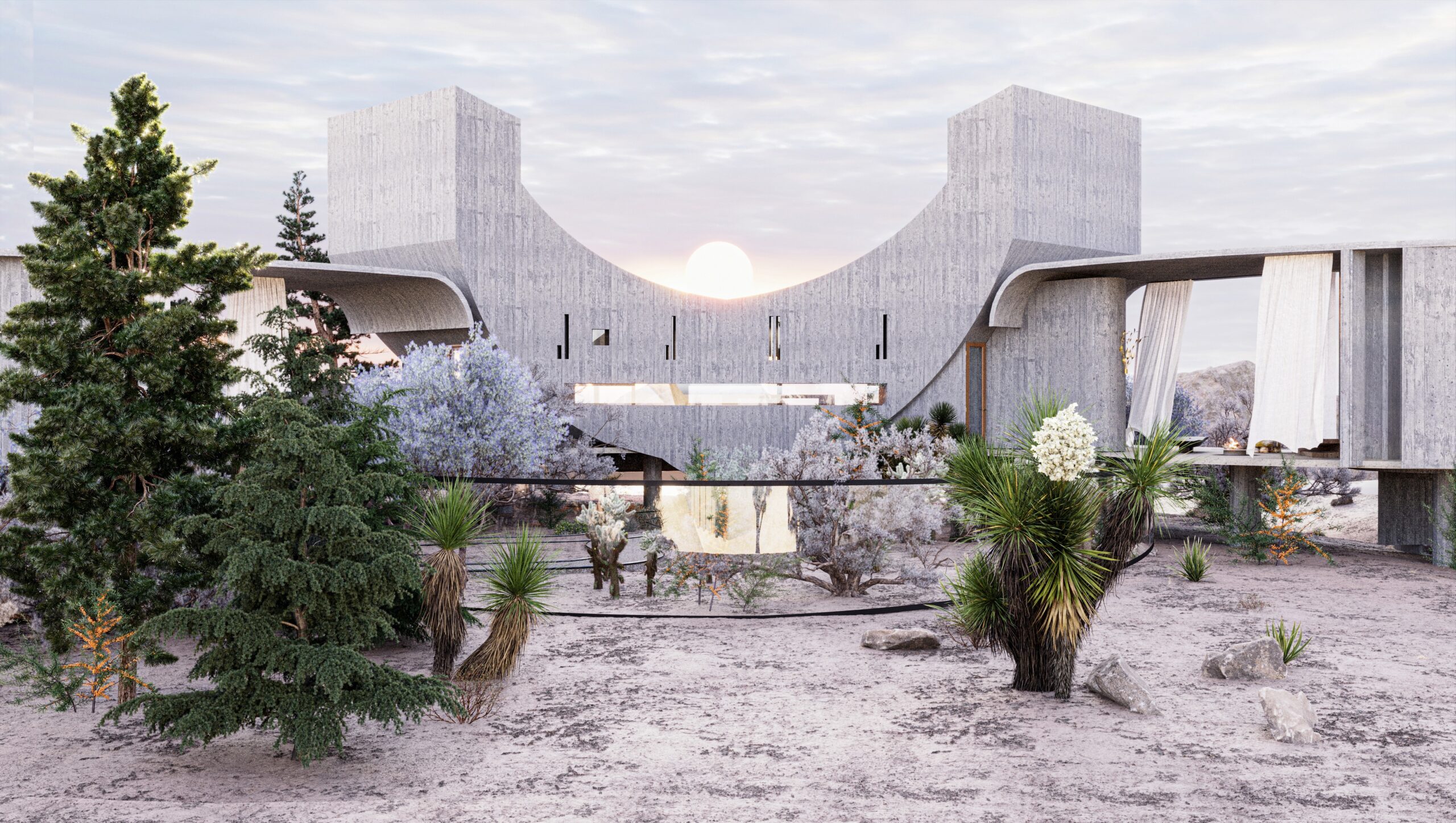 3D renders for an exterior building that is surrounded with trees